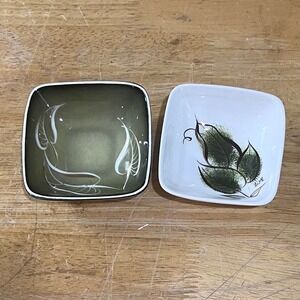 Vtg‎ Sascha Brastoff MCM Ceramic Leaf Trinket Dish Set 2 Olive Green White 3.5"